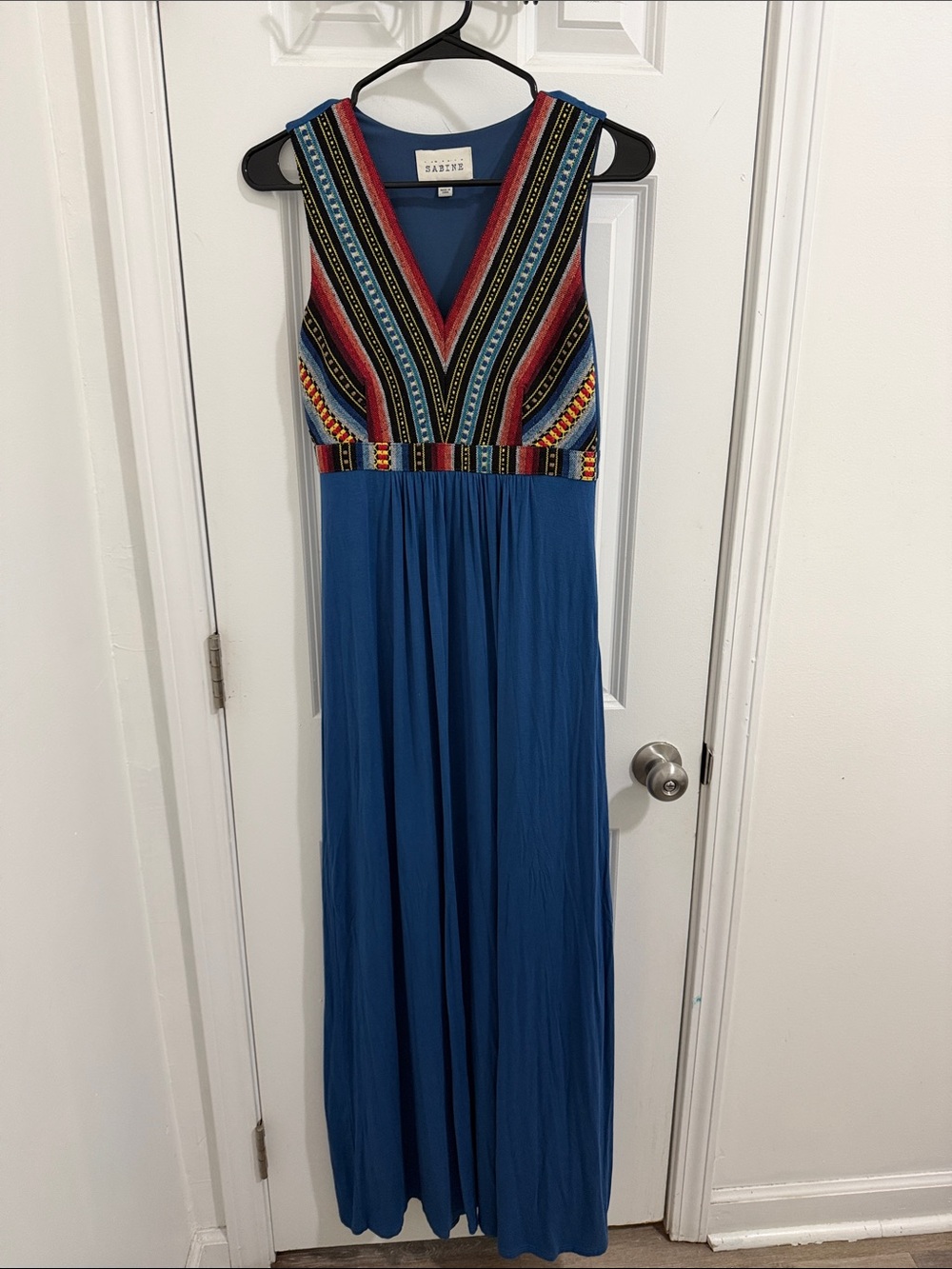 Anthropologie SABINE Blue Maxi Dress with Multicolor Embroidered Bodice Size XS